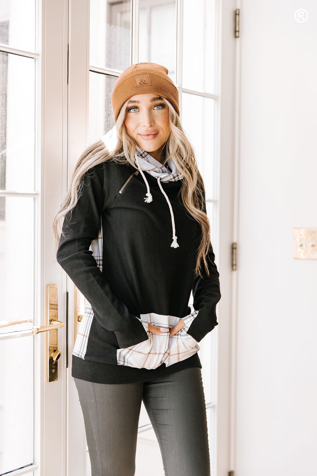 Date Night Ampersand Ave. Black Plaid Double Hood Sweatshirt Whiskey Rose Co